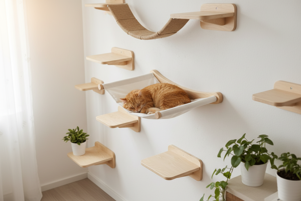 Hamac chat roux salon scandinave blanc