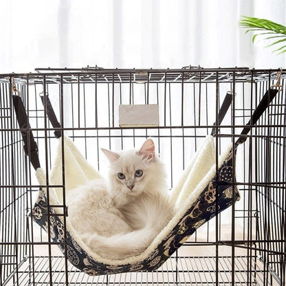 hamac pour chat bleu avec têtes de chats