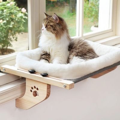 Hamac pour Chat fenêtre bois blanc et coussin blanc