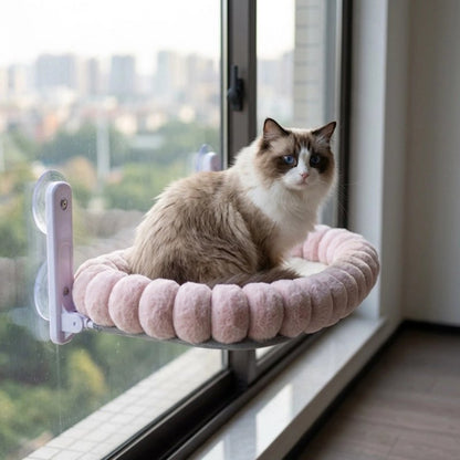 Hamac pour Chat rose fixé sur baie vitrée chat dedans