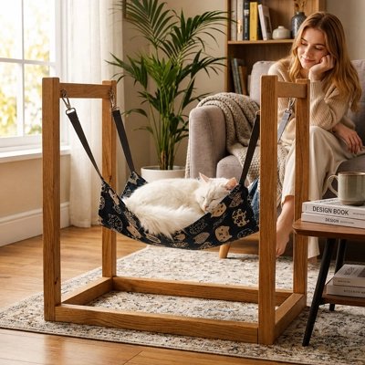Hamac pour Chat se position sur une chaise ou sur un support bois 