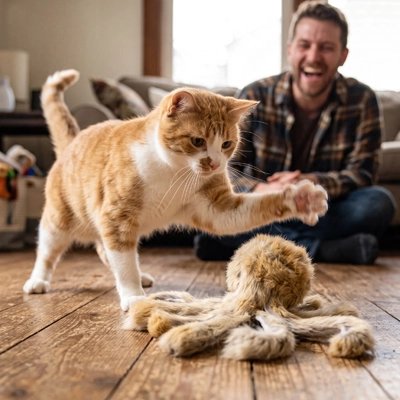 homme assis regarde le Jouet Chat attaquer par son félin