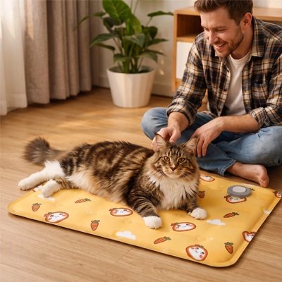 homme caresse angora sur Tapis rafraichissant Chat jaune