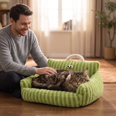 homme caresse chat couché sur Canapé pour chat dans salon