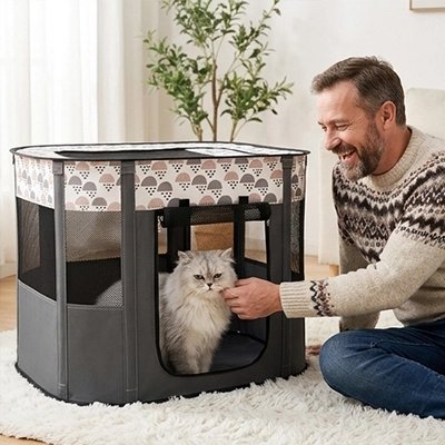 homme caresse chat dans Parc pour Chat gris au salon