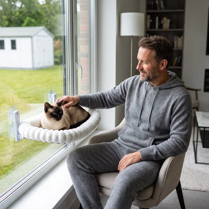homme caresse chat Hamac pour Chat blanc fixé baie vitrée