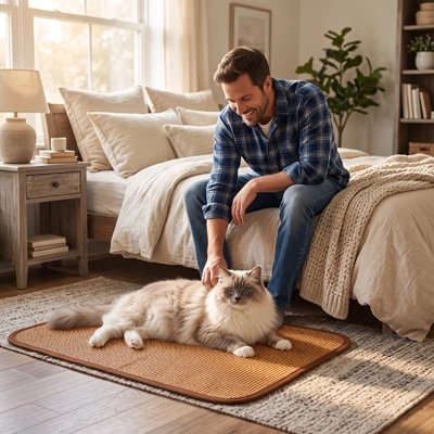 homme caresse gros chat couché Tapis rafraichissant Chat près lit 