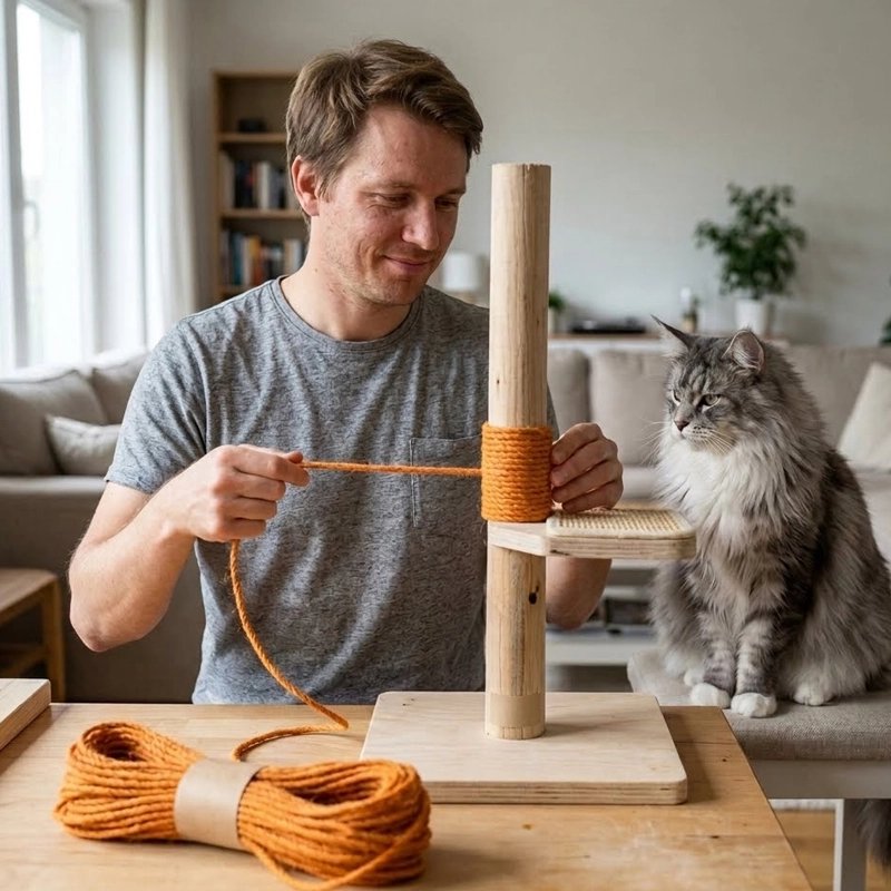 homme installe Corde arbre a chat orange avec chat 