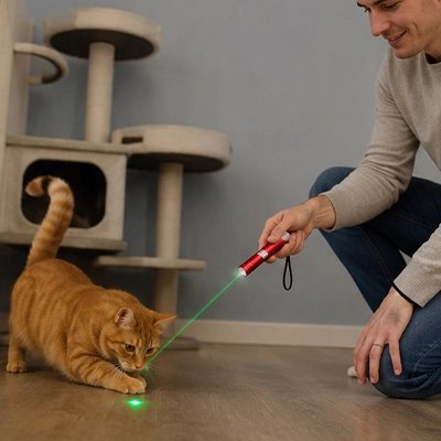 homme joue avec Laser pour chat et chat dans salon