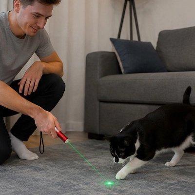 homme joue avec Laser pour chat et son chat