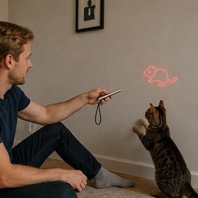homme joue mur Laser pour chat forme animaux avec chat