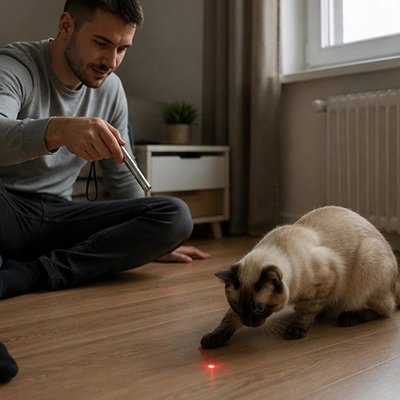 homme Laser pour chat et chat qui joue dans chambre
