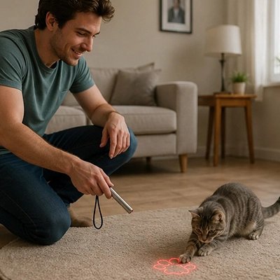 homme Laser pour chat forme patte sur moquette avec chat