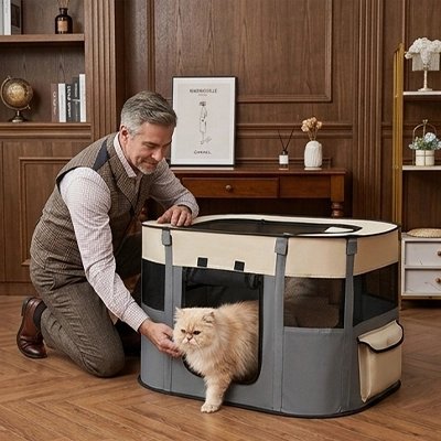 homme ouvre Parc pour Chat et chat sort