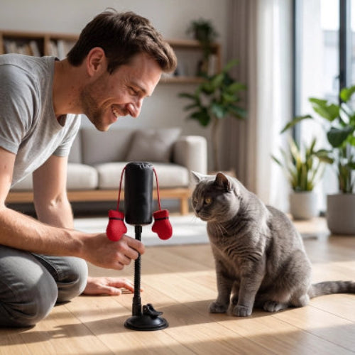 homme présente Jouet Chat gants et sac au chat