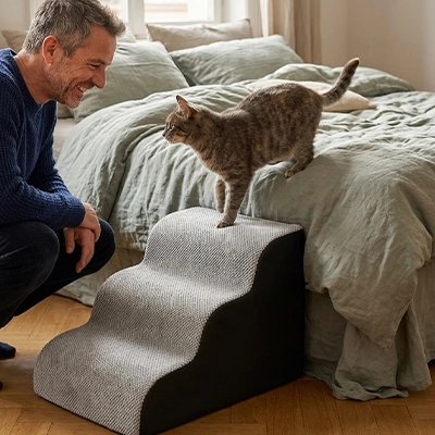 homme regarde chat descendre Escalier pour chat dans chambre