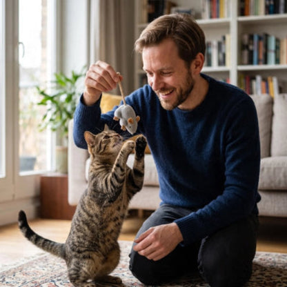 homme tient Jouet Chat souris par queue pour chat 