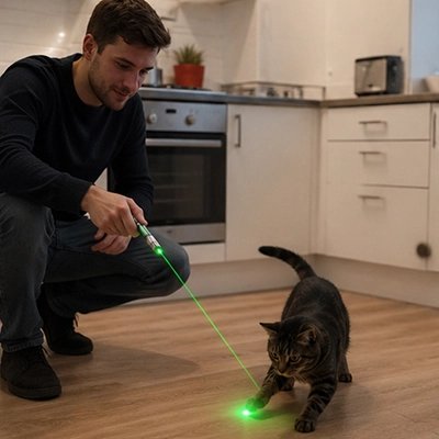 homme utilise Laser pour chat avec chat veut attraper lumière