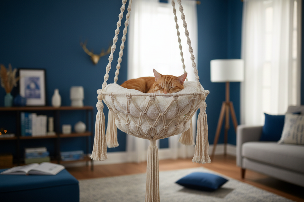 Chat couché dans hamac macramé avec 2 coussins dans un salon bleu