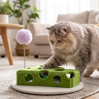 Jeu pour chat avec un pompon rose sur ressort