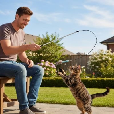 Jeux chat suspendu à une canne à pêche