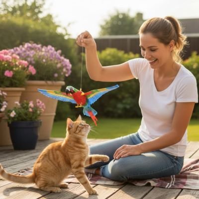 Jeux pour chat petit perroquet rouge et bleu | Interactifs_chatjoue - Chatjoue