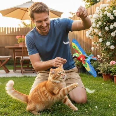 Jeux pour chat petit perroquet rouge et bleu | Interactifs_chatjoue - Chatjoue