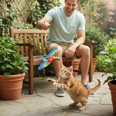 Jeux pour chat petit perroquet rouge et bleu | Interactifs_chatjoue - Chatjoue