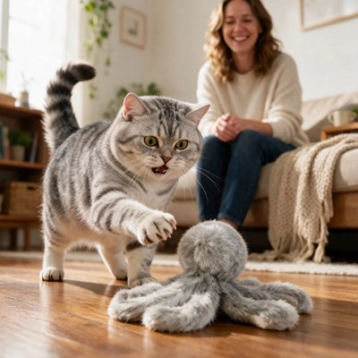 Jouet Chat attaqué par le matou femme assise les regarde