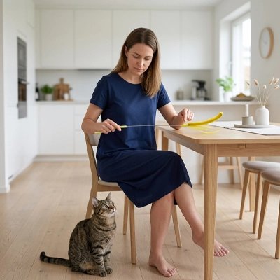 Jouet Chat fabriquée avec des plumes et du fils 
