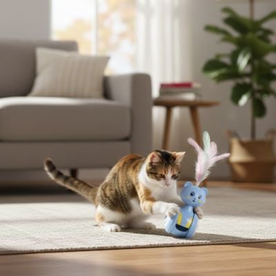 Jouet chat  surmonté de plumes