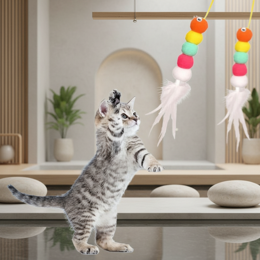 Jouet chat suspendu plume stylisé