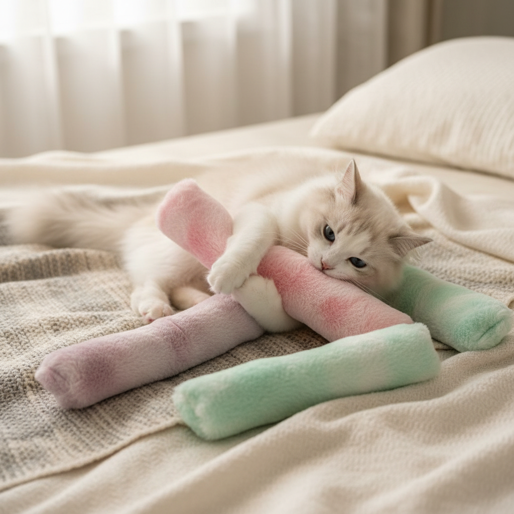 Jouet peluche chat sur lit