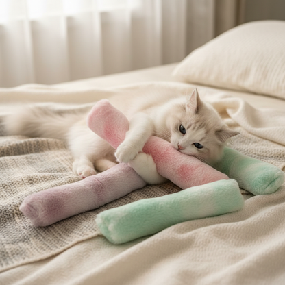 Jouet peluche chat sur lit