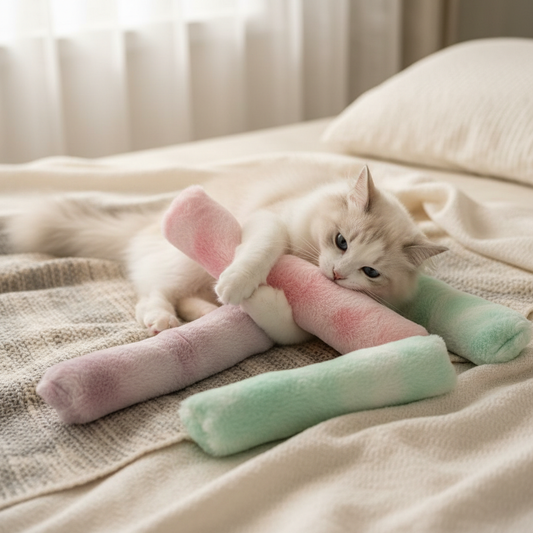 Jouet peluche chat sur lit