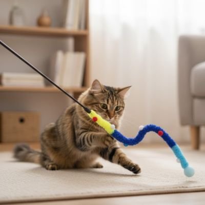 Jouet Canne à Pêche Chat Serpent & Pompons | Stimulation Chasse - Chatjoue