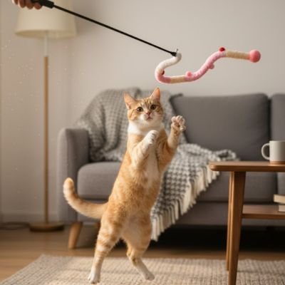 Jouet Canne à Pêche Chat Serpent & Pompons | Stimulation Chasse - Chatjoue
