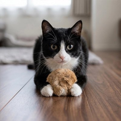 Jouet pour Chat entre les pattes du chat noir et blanc