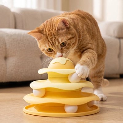 Jouet pour Chat jaune et chat qui joue dans salon