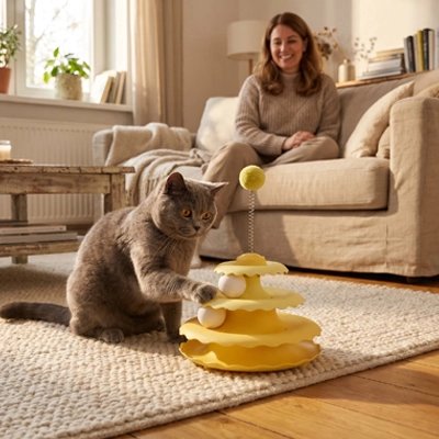 Jouet pour Chat jaune femme regarde chartreux jouer