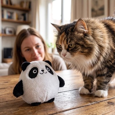 Jouet pour Chat Panda sur table chat angora le regarde