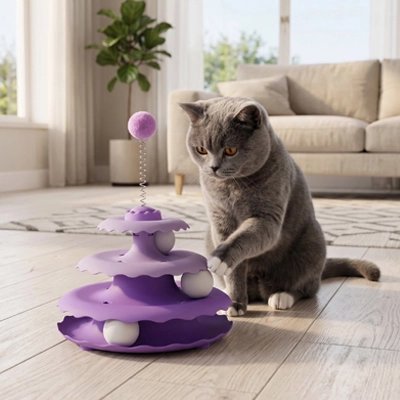 Jouet pour Chat violet et chartreux joue avec dans salon