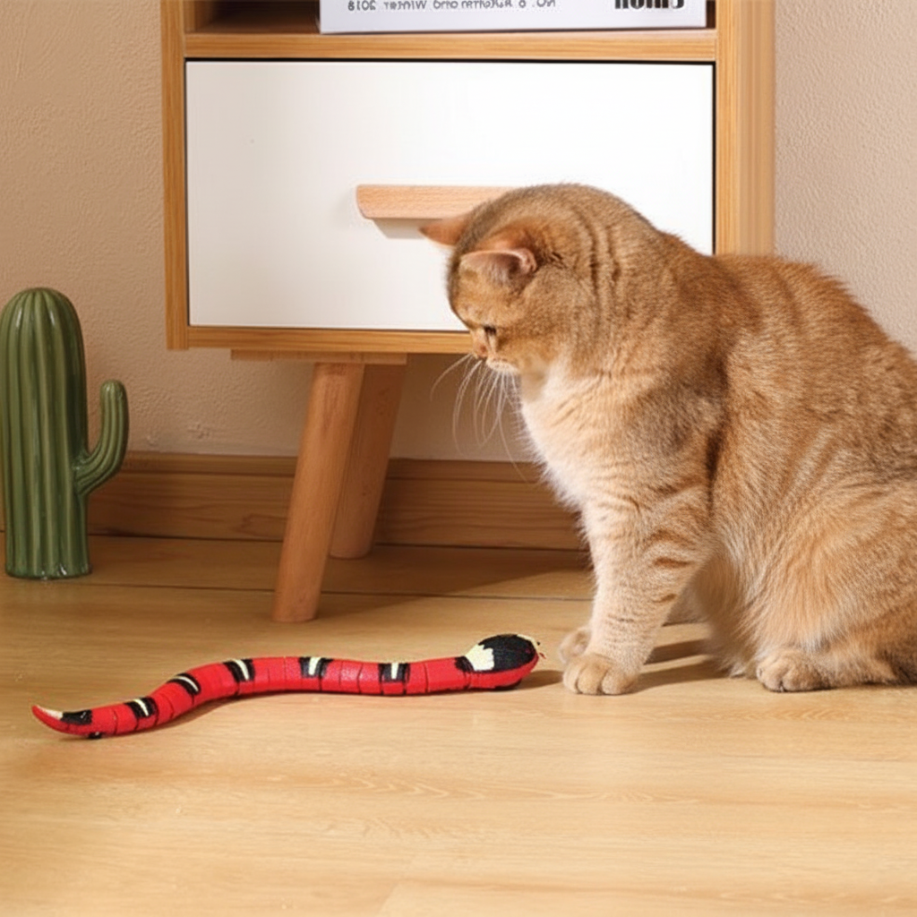Jouet serpent chat roux
