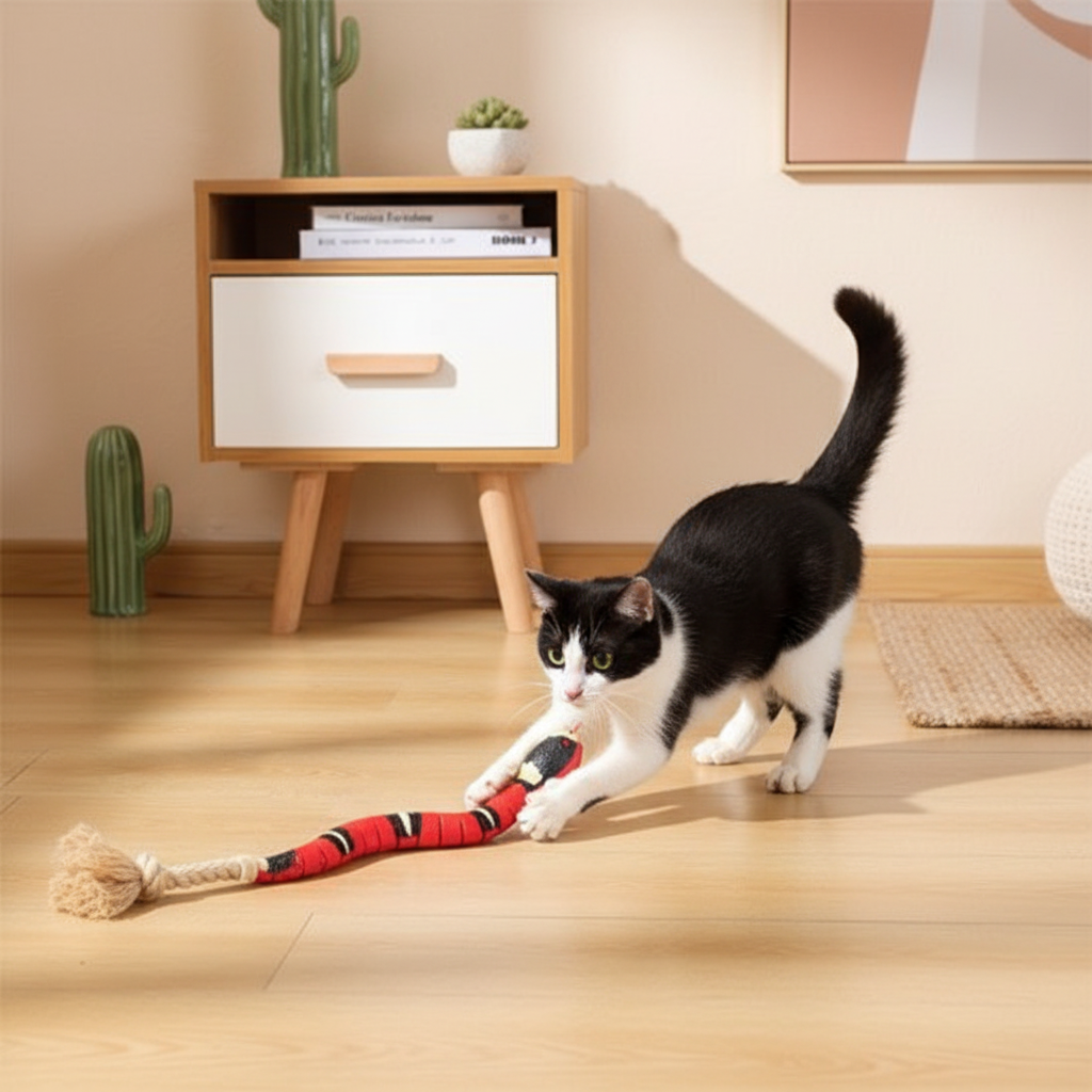Jouet serpent chat tuxedo