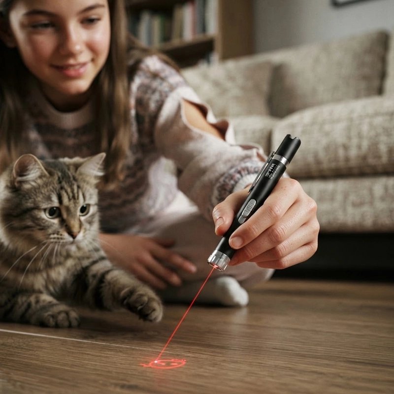 Laser a chat rouge fille joue avec chat dans salon 