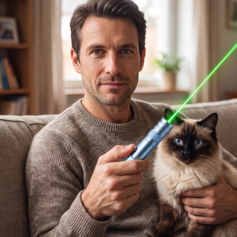 Laser pour chat bleu et chat tenu par homme 