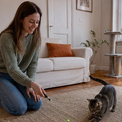 Laser pour chat femme joue avec son chat