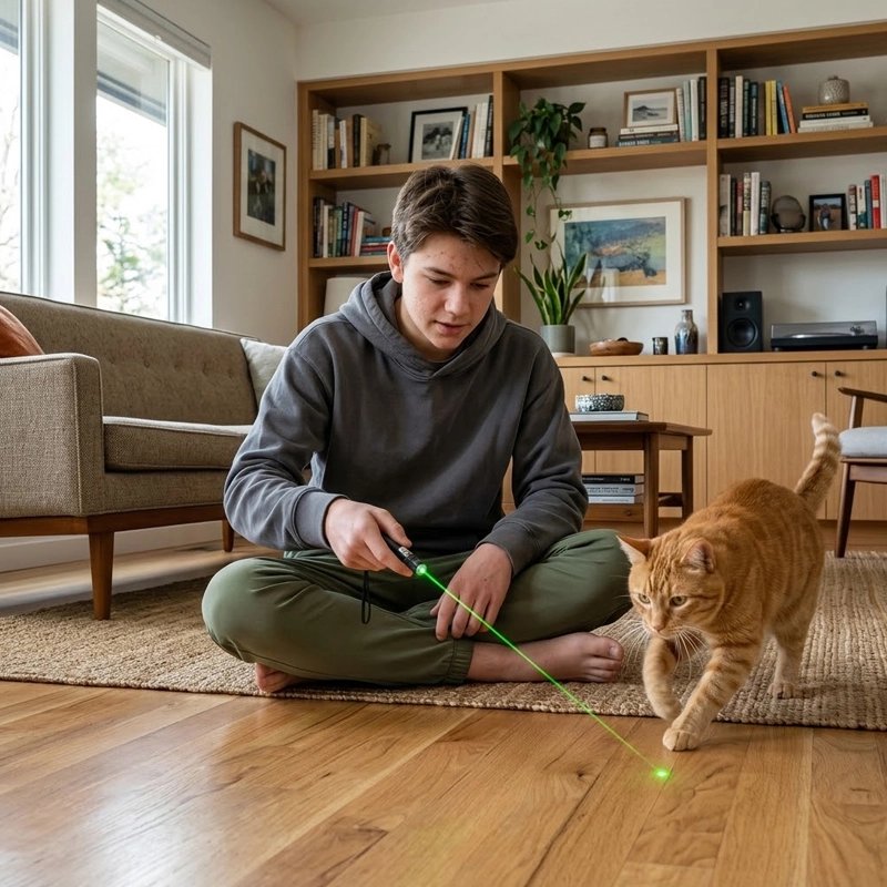 Laser pour chat vert un garçon et un chat jouent