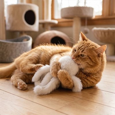 le chat mordille le Jouet Chat blanc couché sur parquet