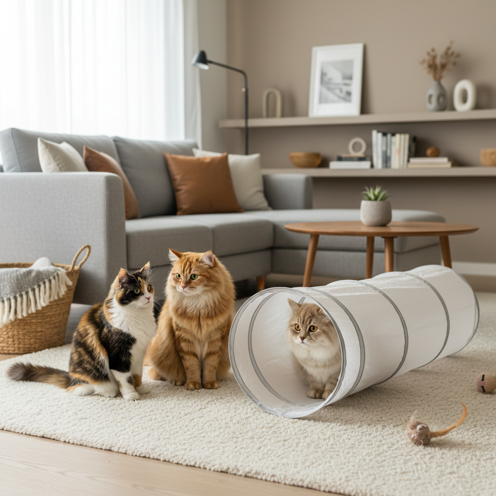 Les deux chats près du tunnel dans un salon moderne